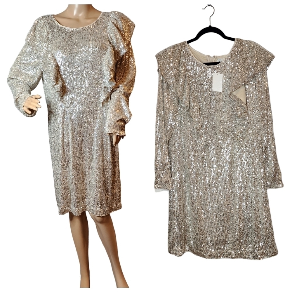 NWT H&M Flounce Trim Beige Sequin Long Sleeve Mini Dress Women's Size XL